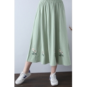 Chic Floral Embroidered Hem Elastic Waist Midi A-Line Cotton Skirt