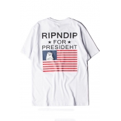 Cool Letter RIPNDIP FOR PRESIDENT Cartoon Cat Flag Print Stylish Loose T-Shirt
