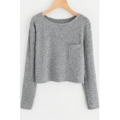 Gray Round Neck Long Sleeve Pocket Chest Simple Plain Cropped Knit T-Shirt