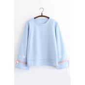 Chic Floral Embroidered Bow-Tied Cuff Long Sleeve Round Neck Loose Fit Pullover Sweatshirt