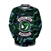 Trendy Letter SOUTH SIDE Snake Camouflage Print Stand Collar Button Down Green Baseball Jacket
