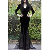 Fashion Black V-Neck Long Sleeve Lace-Panelled Hem Fishtail Floor Length Bodycon Evening Dress