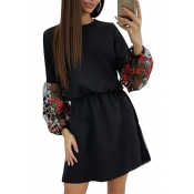 Black Floral Embroidered Puff Sleeve Retro Mini A-Line Dress for Girls