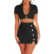 Women's New Fashion Sexy One-Button Notched Lapel Collar Cropped Top Mini Bodycon Skirt Plain Co-ords