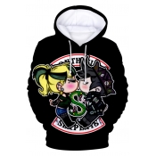 Fashion Snake Logo Cartoon Printed Long Sleeve Drawstring Hoodie in Black