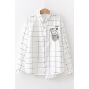 Sleeping Cat Pocket Plaid Long Sleeve Lapel Collar Button Down White Shirt