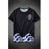 Ukiyo-e Carp Wave Fashion Printed Summer Round Neck Short Sleeve Black T-Shirt