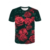 3D Red Rose Green Leaf Printed Round Neck Short Sleeve Casual T-Shirt