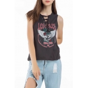 Fashion Letter Eagle Print Lace-Up Round Neck Sleeveless Casual Grey Tank Top