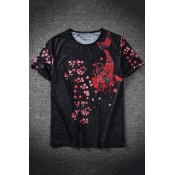 Chinese Style Floral Carp Print Summer Casual Short Sleeve Black T-Shirt