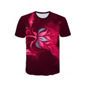 Cool 3D Smoke Floral Printed Round Neck Short Sleeve Red T-Shirt