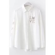 Lovely Cartoon Cat Letter LOVE Embroidered White Long Sleeve Button Shirt