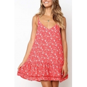 Summer Fashion Floral Pattern Ruffled Hem Red Mini Swing Cami Dress