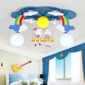 Triple Glass Shade Flush Mount with Cartoon Cat Blue/Pink Ceiling Fixture for Girls Bedroom