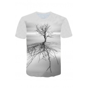 New Stylish 3D Big Tree Shadow Print Short Sleeve Grey T-Shirt