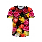 3D Red Floral Pattern Round Neck Short Sleeve Loose Casual T-Shirt