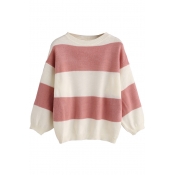 Simple Colorblocked Stripe Long Sleeve Round Neck Cozy Sweater for Women