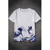 Ukiyo-e Wave Carp Print Short Sleeve Summer Casual Relaxed White T-Shirt