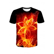 Stylish 3D Fire Floral Printed Basic Short Sleeve Red T-Shirt