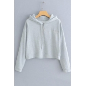 Simple Letter Embroidered Chest Long Sleeve Cropped Loose Drawstring Hoodie
