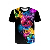 3D Black Floral Pattern Round Neck Short Sleeve T-Shirt