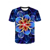 Awesome 3D Line Floral Pattern Blue Short Sleeve Casual T-Shirt