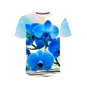 Fashion 3D Floral Pattern Basic Short Sleeve Blue Casual Tee