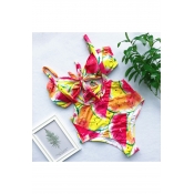 Summer New Trendy Fashion Printed Bow-Tied Front Overall Bikini Swimwear