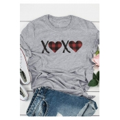 Grey Creative Check Heart Letter XX Print Casual Loose T-Shirt