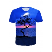 Blue 3D Sunset Big Tree Print Short Sleeve Basic Relaxed T-Shirt