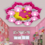 Pink Floral Flush Light Fixture Modern Design Wood 8 Lights Ceiling Light for Girls Bedroom