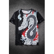 Chinese Style Dragon Printed Round Neck Short Sleeve Summer Black T-Shirt