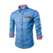 Men's Unique Leather Patched Pocket Long Sleeve Button-Up Slim Fit Denim Shirt