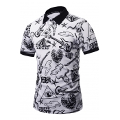 New Trendy Street Style Guitar Pattern Short Sleeve Guys Fitted White Polo Shirt