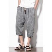 Guys Summer Fashion Heather Color Drawstring-Waist Button Rolled-Cuff Loose Casual Capri Pants Harem Pants