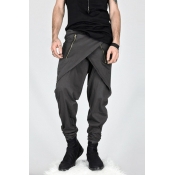 Guys Cool Street Fashion Simple Plain Wrap Front Zip-Embellished Harem Pants Baggy Pants