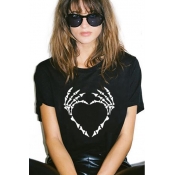 Cool Skull Heart Printed Basic Round Neck Short Sleeve Loose Relaxed Black T-Shirt