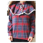 Chic Tartan Plaids High Neck Long Sleeves Loose Lace Trimmed Bow Neck Loose Blouse