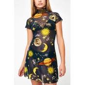 New Trendy Fashion Galaxy Moon Star Print High Neck Short Sleeve Mini Mesh Sheath Dress