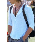 Men's Summer Basic Simple Plain Button V-Neck Breathable Casual Long Sleeve T-Shirt