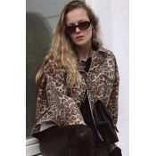 Leopard Printed Lapel Collar Long Sleeve Button Front Cropped Denim Jacket