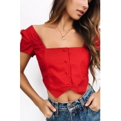 Popular Square Neck Short Sleeves Button Front Asymmetrical Hem Cropped Blouse
