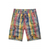 Mens Summer Quick Drying Colorful Plaid Elastic Waist Drawstring Cotton Male Swim Shorts with Pockets