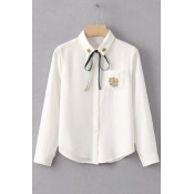 Simple Floral Embroidery Pocket Bow-Tied Collar Long Sleeve White Button Down Shirt