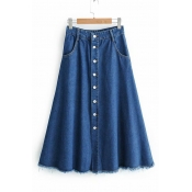 Retro High Waist Simple Plain Button Down Fringed Hem Midi A-Line Denim Blue Skirt