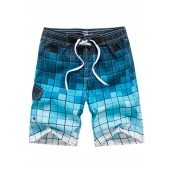 Holiday Beach Surfing Drawstring Plaids Ombre Colorblocked Cargo Swim Shorts for Men