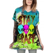 Cool Fashion Alien Printed Tie Dye Short Sleeve Loose Longline T-Shirt