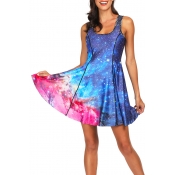 Cool 3D Blue Galaxy Printed Scoop Neck Sleeveless Reversible Mini A-Line Dress