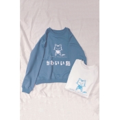 Cute Cat Japanese Character Printed Round Neck Long Sleeve Pullover Loose Sweatshirt