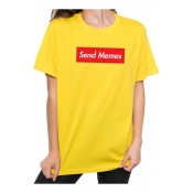 Street Letter SEND MEMES Printed Basic Round Neck Short Sleeve Yellow T-Shirt